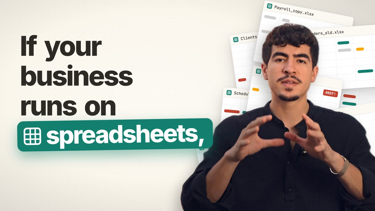 Jorge in front of a pile of spreadsheet windows, beside the words If your business runs on spreadsheets